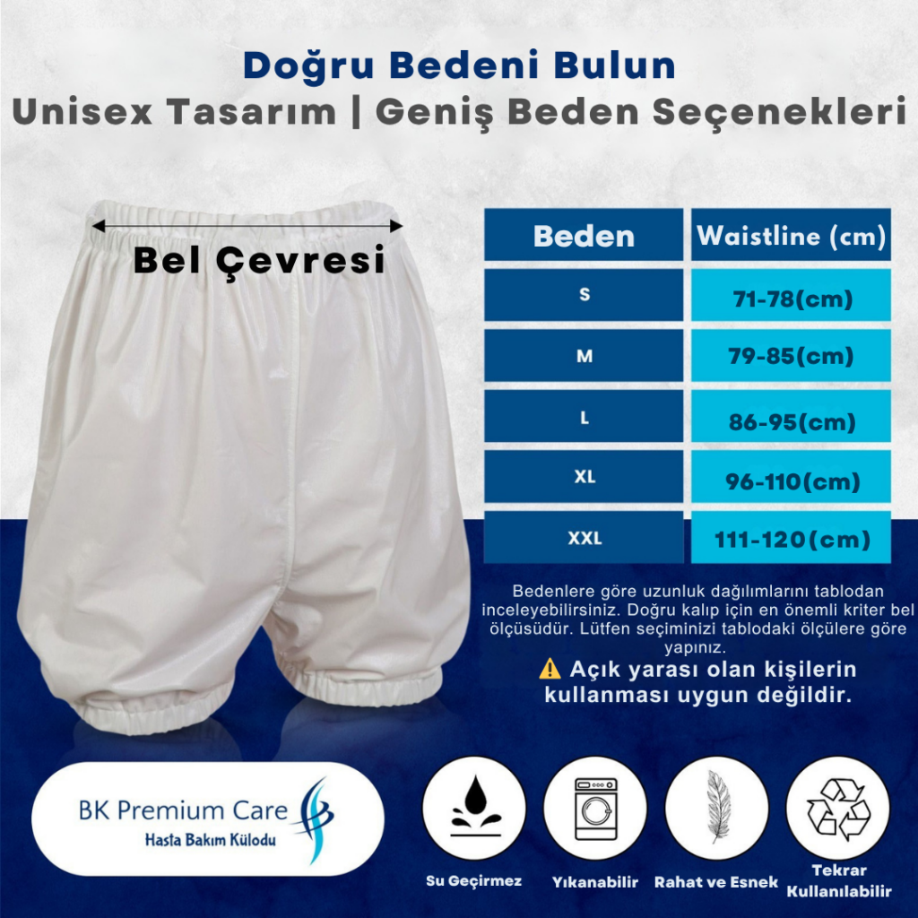 BK Premium Care Sıvı Geçirmez Hasta Bezi Külodu Beden Tablosu S M L XL XXL